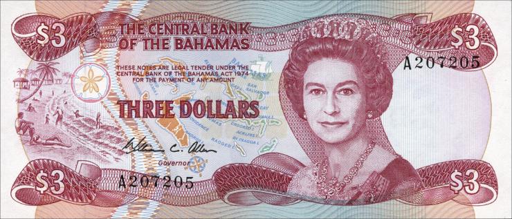 Bahamas P.44a 3 Dollars 1974 (1984) (1) 