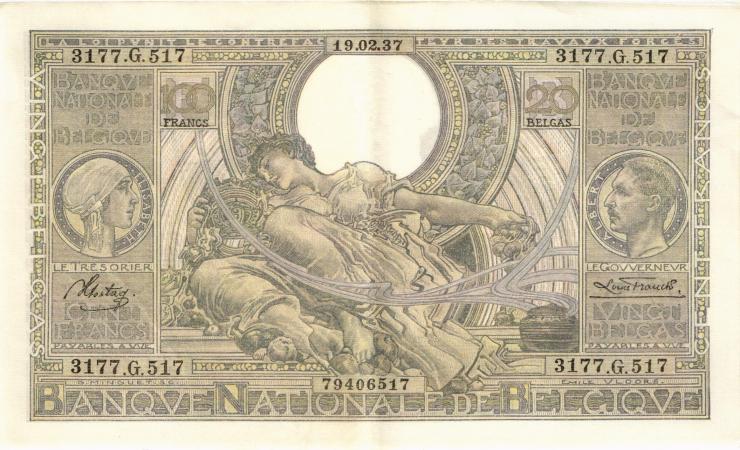 Belgien / Belgium P.107 100 Francs = 20 Belgas 1937 (2) 