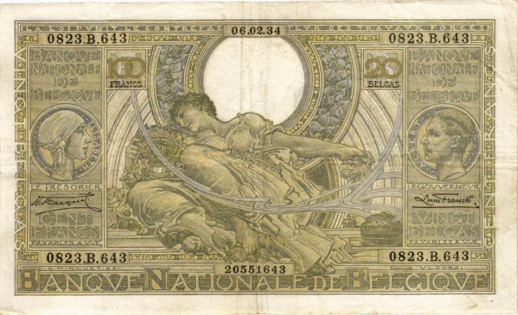 Belgien / Belgium P.107 100 Francs = 20 Belgas 1934 (3+) 