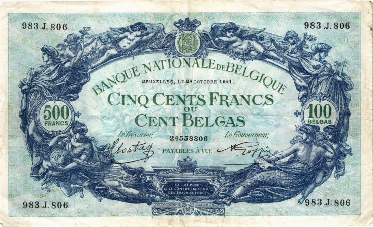 Belgien / Belgium P.109 500 Francs = 100 Belgas 1941 (3+) 