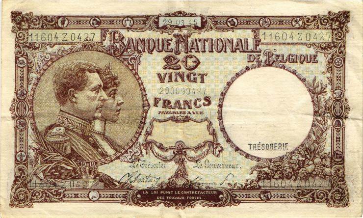 Belgien / Belgium P.111 20 Francs 1945 (2) 