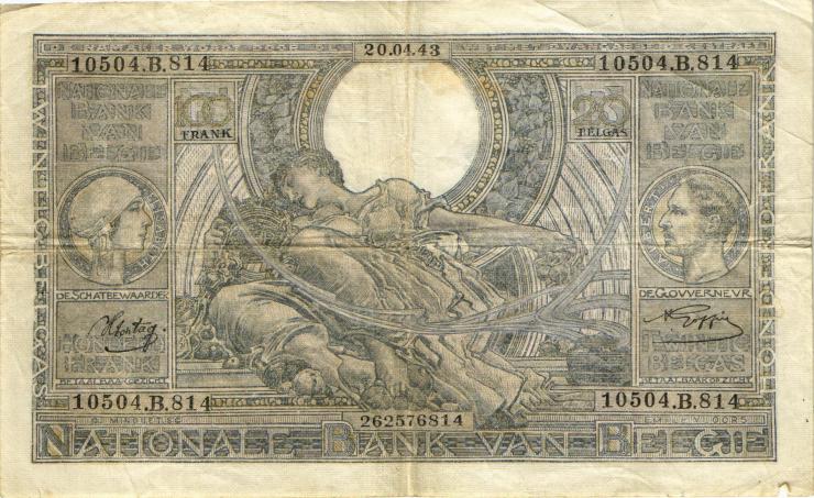 Belgien / Belgium P.112 100 Francs = 20 Belgas 1941-43 (3) 