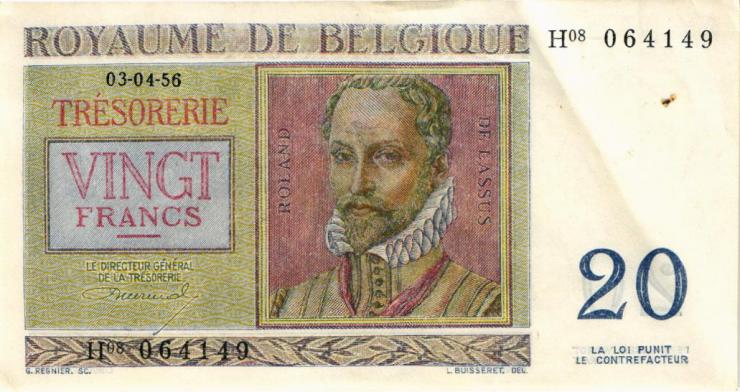 Belgien / Belgium P.132b 20 Francs 1956 (2) 
