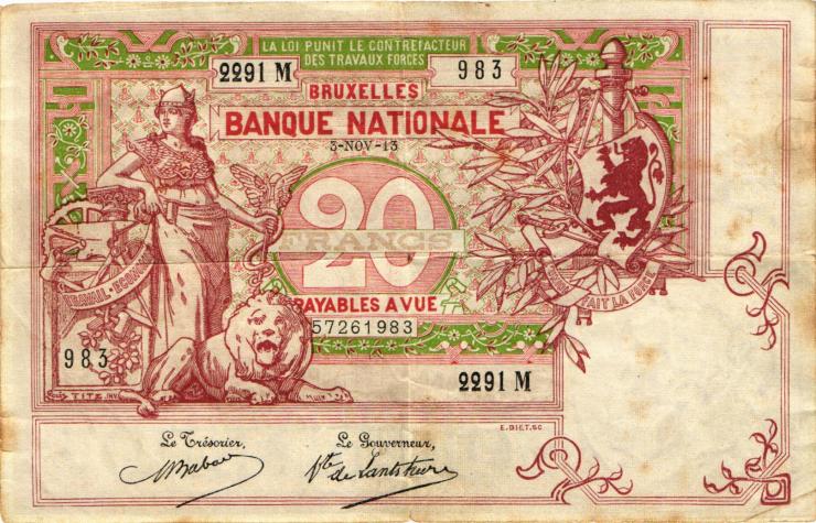 Belgien / Belgium P.067 20 Francs 1913 (3-) 