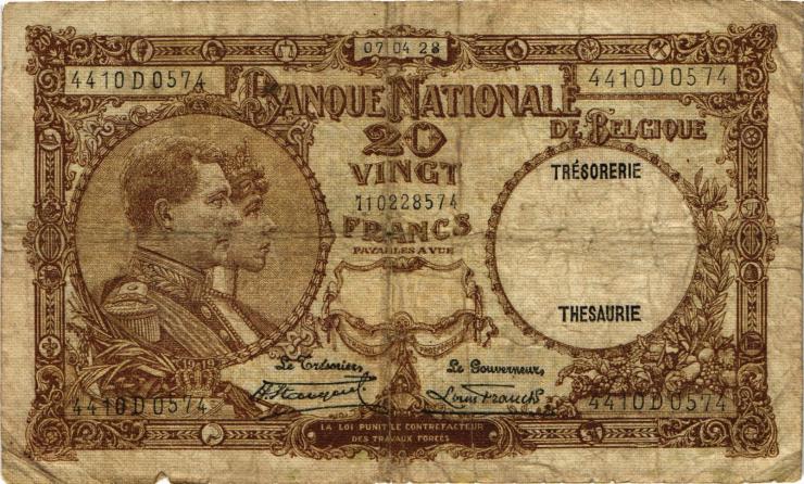 Belgien / Belgium P.098b 20 Francs 1928 (4) 