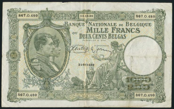 Belgien / Belgium P.104 1000 Francs = 200 Belgas 1938 (3) 