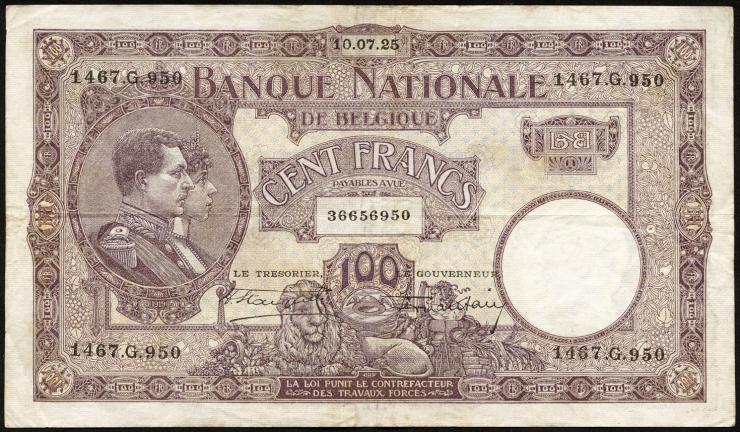 Belgien / Belgium P.095 100 Francs 1921-1927 (3) 