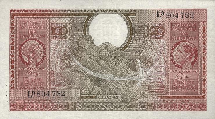 Belgien / Belgium P.123 100 Francs = 20 Belgas 1943 (2) 