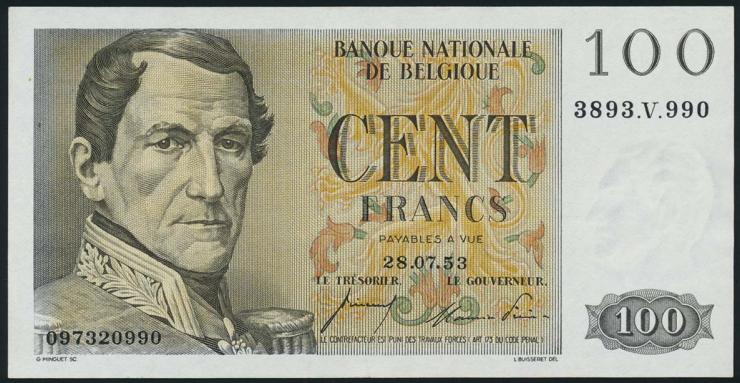 Belgien / Belgium P.129b 100 Francs 1953 (2+) 