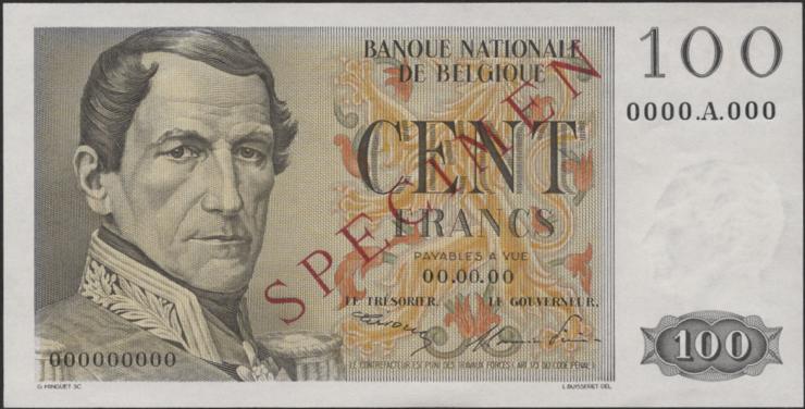 Belgien / Belgium P.129s 100 Francs o.J. Specimen (1/1-) 
