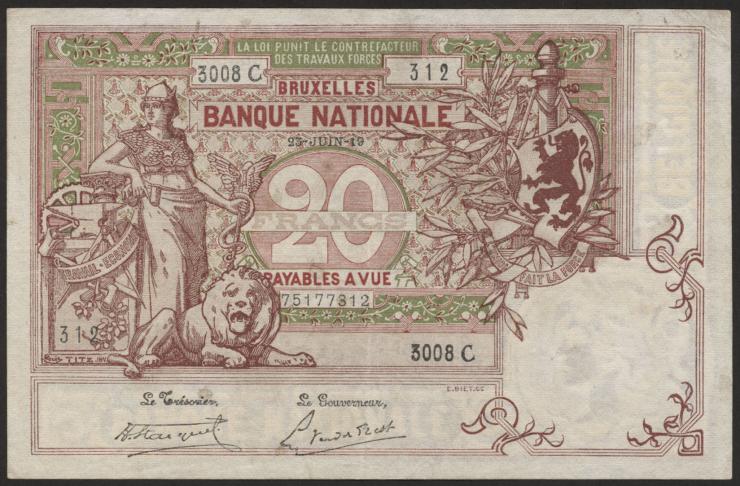 Belgien / Belgium P.067 20 Francs 1919 (2) 