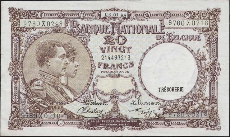 Belgien / Belgium P.111 20 Francs 1944 (3+) 