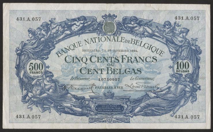 Belgien / Belgium P.103a 500 Francs = 100 Belgas 23.11.1934 (3) 