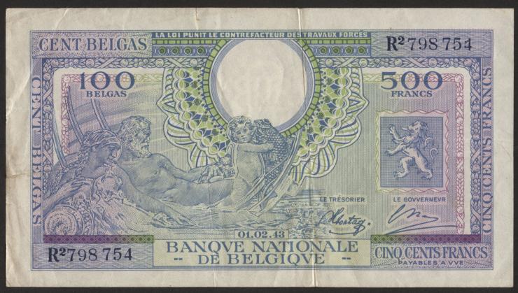 Belgien / Belgium P.124 500 Francs = 10 Belgas 1943 (3) 