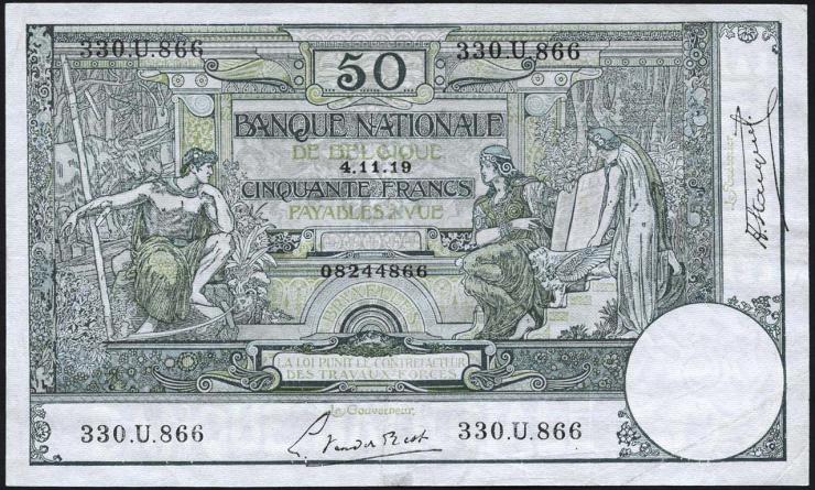 Belgien / Belgium P.068b 50 Francs 1919 (3+) 