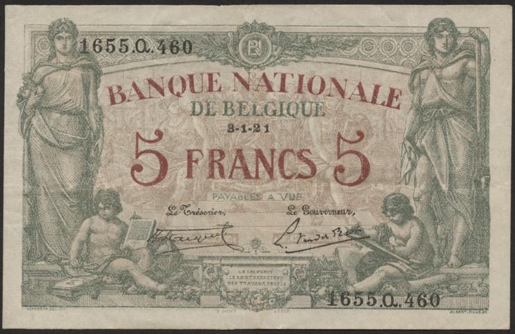 Belgien / Belgium P.075b 5 Francs 1921 (3+) 