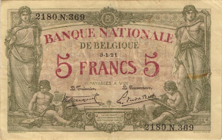 Belgien / Belgium P.075b 5 Francs 1921 (3) 