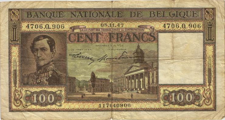 Belgien / Belgium P.126 100 Francs 1947 (4) 