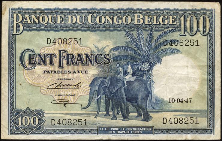 Belgisch-Kongo / Belgian Congo P.17d 100 Francs 1947 (3) 