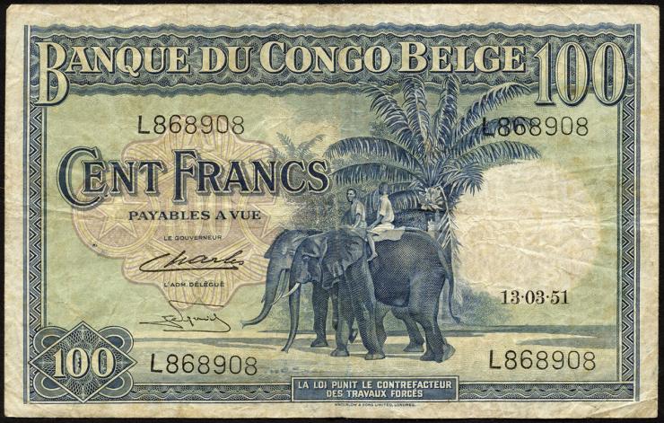 Belgisch-Kongo / Belgian Congo P.17d 100 Francs 1951 (3-) 