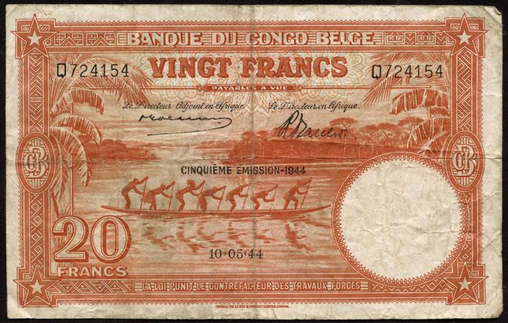 Belgisch-Kongo / Belgian Congo P.15D 20 Francs 1944 (4) 