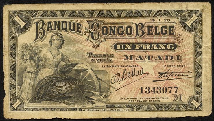 Belgisch-Kongo / Belgian Congo P.03B 1 Franc 16.1.1920 (4) 