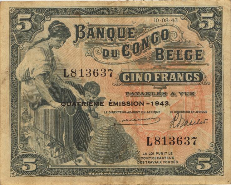 Belgisch-Kongo / Belgian Congo P.13Ab 5 Francs 1943 4. Emission (3) 