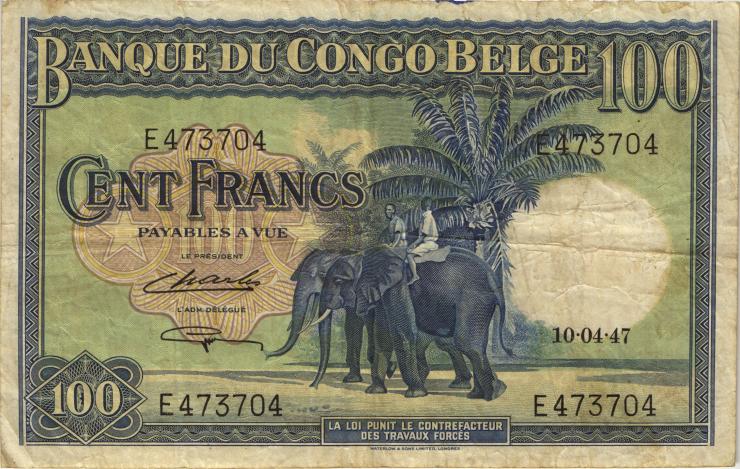 Belgisch-Kongo / Belgian Congo P.17c 100 Francs 10.4.1947 (3) 