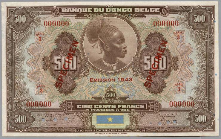 Belgisch-Kongo / Belgian Congo P.18Abs 500 Francs 1943 000000 Specimen (1) 