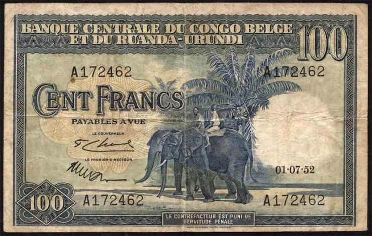 Belgisch-Kongo / Belgian Congo P.25a 100 Francs 01.07.1952 (3) 