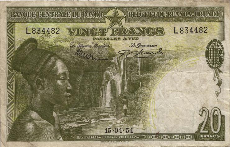 Belgisch-Kongo / Belgian Congo P.26 20 Francs 1953 (3-) 