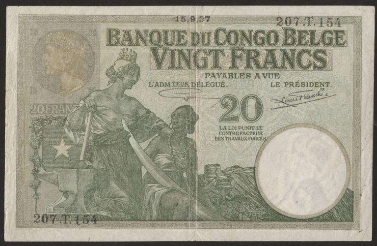 Belgisch-Kongo / Belgian Congo P.10f 20 Francs 1937 (3/2) 