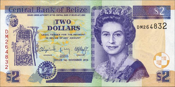 Belize P.66e 2 Dollars 2014 (1) 
