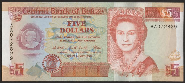 Belize P.53a 5 Dollars 1990 (1) 
