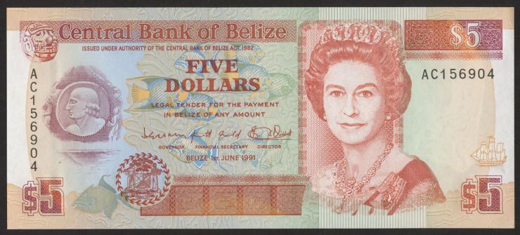 Belize P.53b 5 Dollars 1991 (1) 