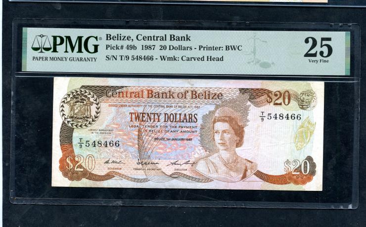 Belize P.49b 20 Dollars 1987 (3) 