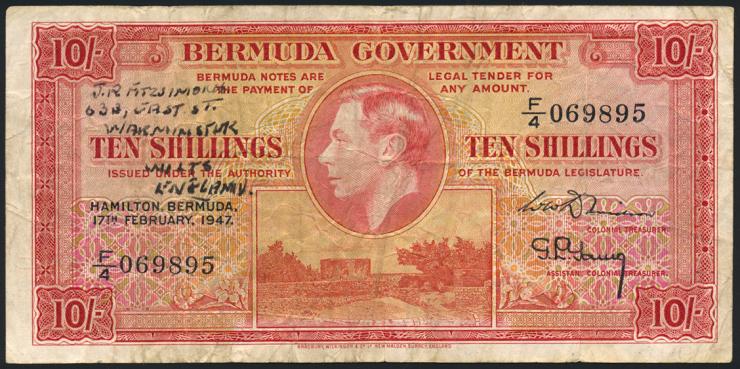 Bermuda P.15 10 Shillings 1947 (3-) 