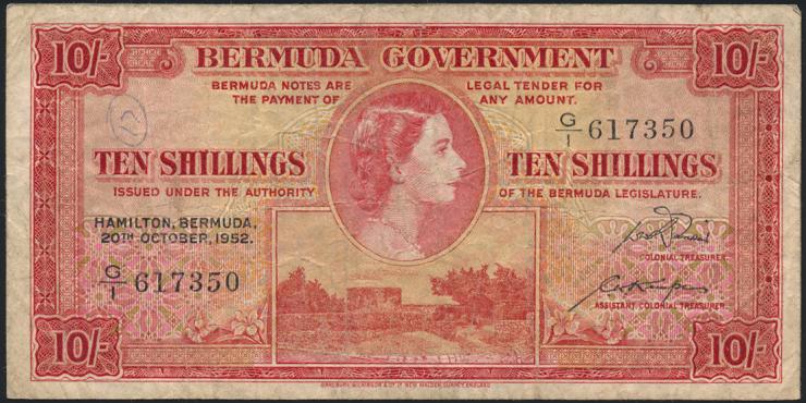 Bermuda P.19a 10 Shillings 1952 (3-) 