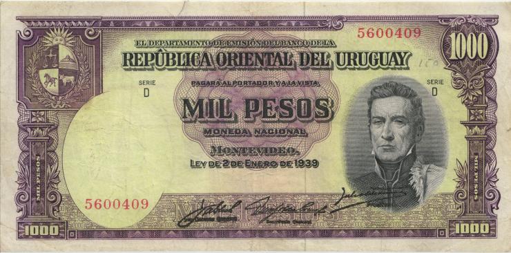 Uruguay P.041c 1000 Pesos (1967) (3-) 