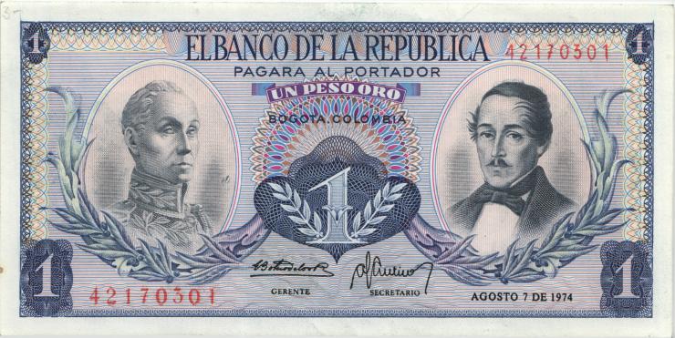 Kolumbien / Colombia P.404e 1 Peso Oro 1974 (1) 