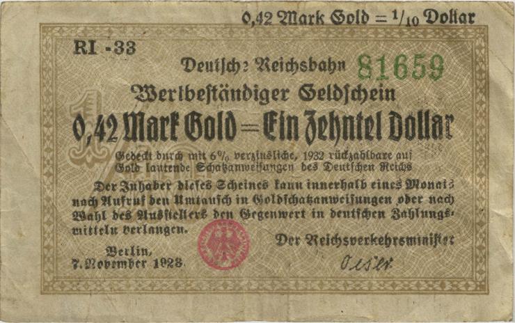 RVM-26a Reichsbahn Berlin 0,42 Mark Gold = 1/10 Dollar RI 1923 (3-) 