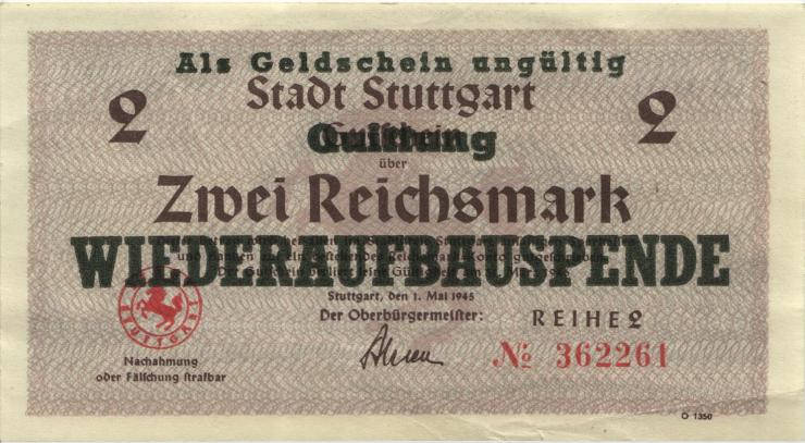 Stadt Stuttgart 2 Reichsmark 1.5.1945 (1-) 