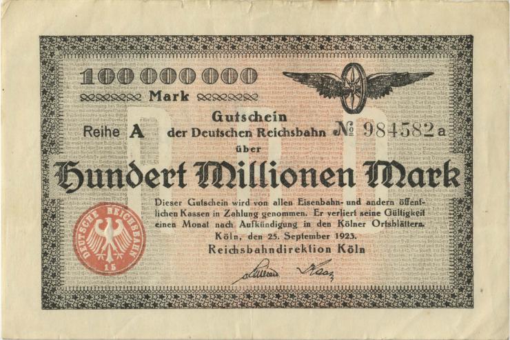 PS1288 Reichsbahn Köln 100 Millionen Mark 1923 (2) 