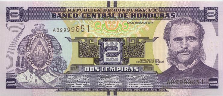 Honduras P.97b 2 Lempiras 2014 (1) 