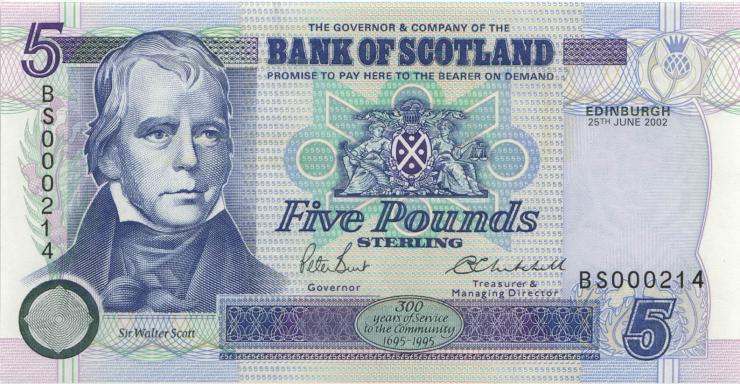 Schottland / Scotland P.119d 5 Pounds Sterling 2002 BS000214 (1) low number 