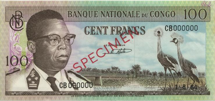 Kongo / Congo P.006s 100 Francs 1.8.1964 Specimen (1/1-) 