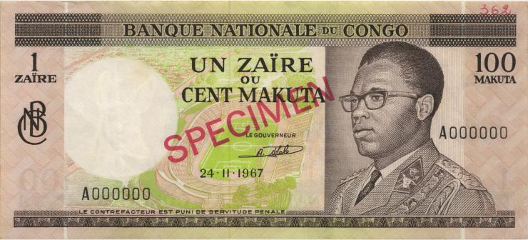Kongo / Congo P.012s1 1 Zaire = 100 Makuta 1967 Specimen (2/1) 