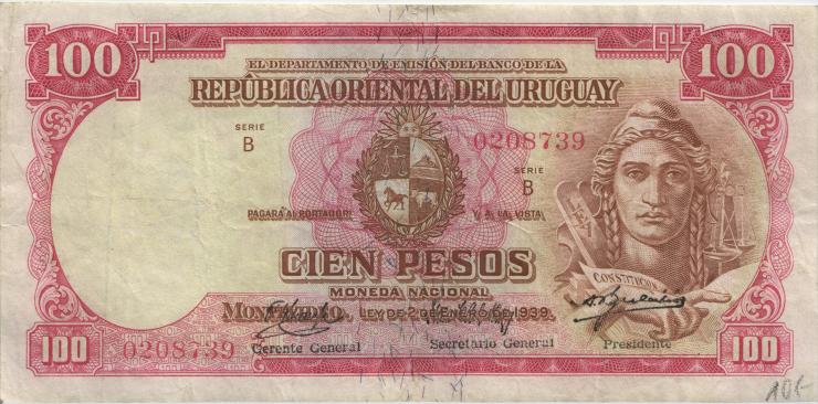 Uruguay P.039a 100 Pesos L. 1939 Serie B (3) 