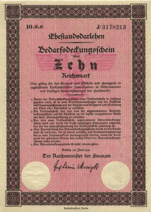 Ehestandsdarlehen 10 Reichsmark 1933 (1-) 