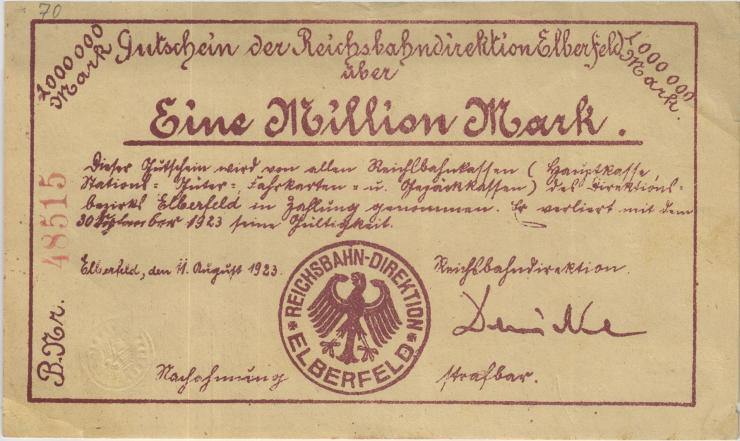 PS1187 Reichsbahn Elberfeld 1 Millionenn Mark 1923 (3+) 